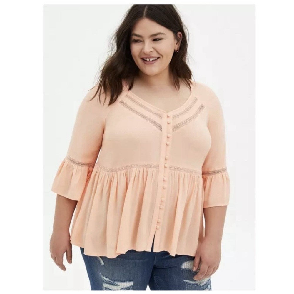 Torrid Peach Lightweight Flowy Embroidered Bell Sleeve Boho Top Size 4X